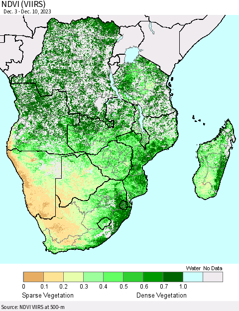 Southern Africa NDVI (VIIRS) Thematic Map For 12/3/2023 - 12/10/2023