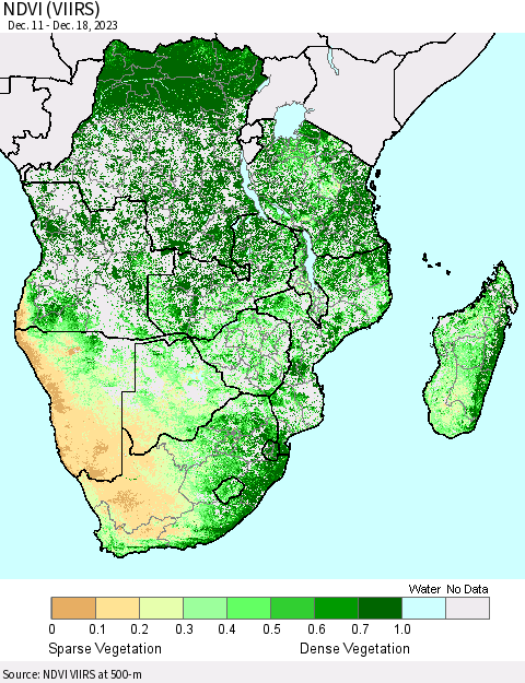 Southern Africa NDVI (VIIRS) Thematic Map For 12/11/2023 - 12/18/2023