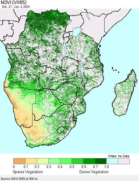 Southern Africa NDVI (VIIRS) Thematic Map For 12/27/2023 - 1/3/2024