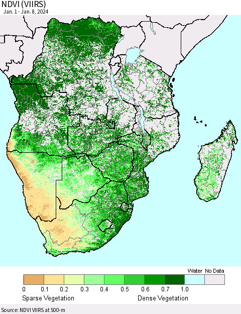 Southern Africa NDVI (VIIRS) Thematic Map For 1/1/2024 - 1/8/2024