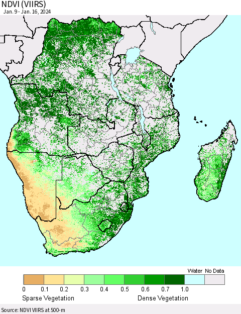 Southern Africa NDVI (VIIRS) Thematic Map For 1/9/2024 - 1/16/2024