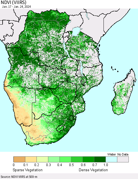 Southern Africa NDVI (VIIRS) Thematic Map For 1/17/2024 - 1/24/2024