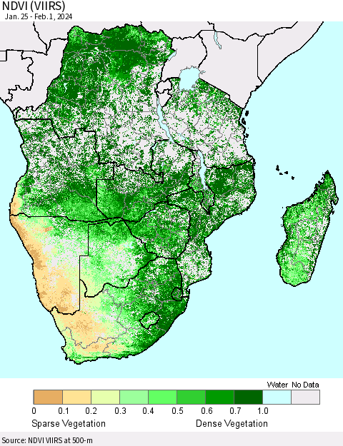 Southern Africa NDVI (VIIRS) Thematic Map For 1/25/2024 - 2/1/2024