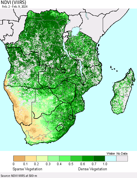 Southern Africa NDVI (VIIRS) Thematic Map For 2/2/2024 - 2/9/2024
