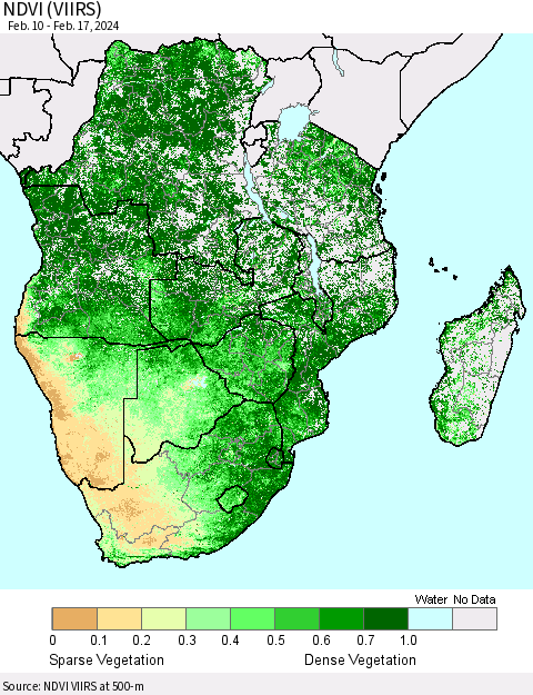 Southern Africa NDVI (VIIRS) Thematic Map For 2/10/2024 - 2/17/2024