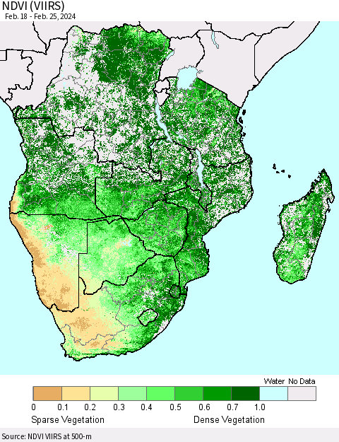 Southern Africa NDVI (VIIRS) Thematic Map For 2/18/2024 - 2/25/2024