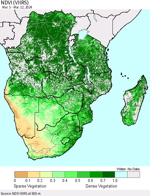 Southern Africa NDVI (VIIRS) Thematic Map For 3/5/2024 - 3/12/2024