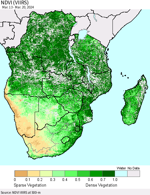 Southern Africa NDVI (VIIRS) Thematic Map For 3/13/2024 - 3/20/2024