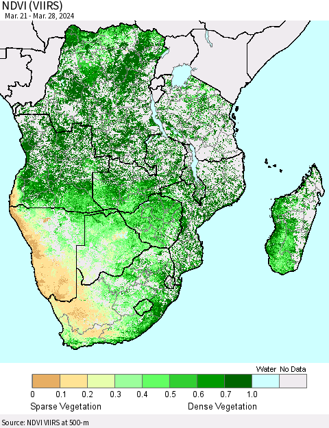 Southern Africa NDVI (VIIRS) Thematic Map For 3/21/2024 - 3/28/2024