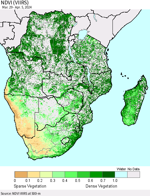 Southern Africa NDVI (VIIRS) Thematic Map For 3/29/2024 - 4/5/2024