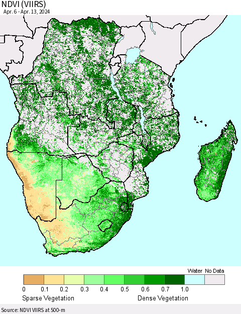 Southern Africa NDVI (VIIRS) Thematic Map For 4/6/2024 - 4/13/2024