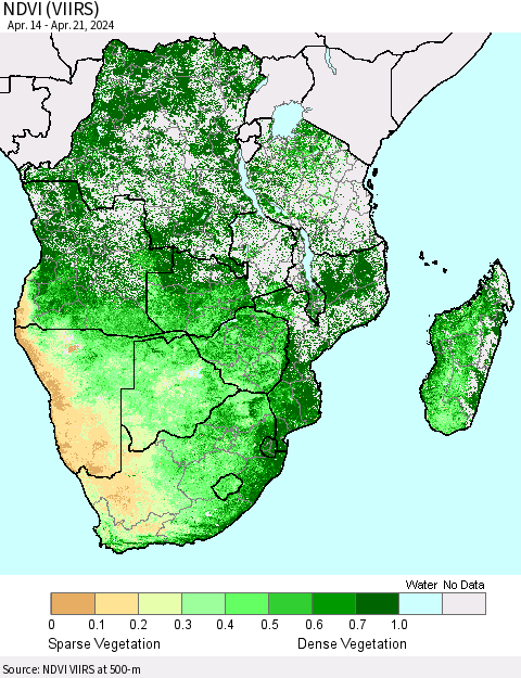 Southern Africa NDVI (VIIRS) Thematic Map For 4/14/2024 - 4/21/2024