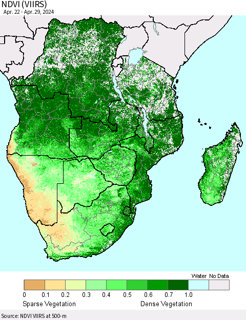 Southern Africa NDVI (VIIRS) Thematic Map For 4/22/2024 - 4/29/2024