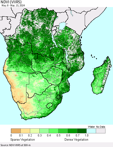 Southern Africa NDVI (VIIRS) Thematic Map For 5/8/2024 - 5/15/2024