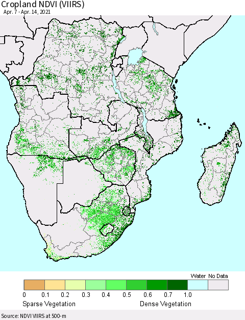 Southern Africa Cropland NDVI (VIIRS) Thematic Map For 4/7/2021 - 4/14/2021