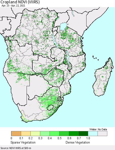 Southern Africa Cropland NDVI (VIIRS) Thematic Map For 4/15/2021 - 4/22/2021