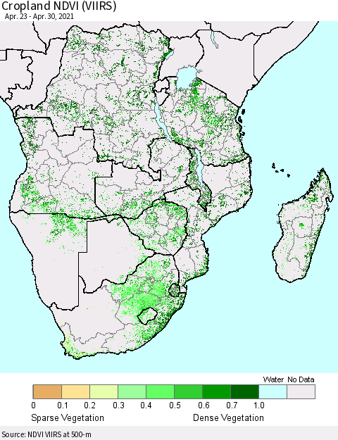 Southern Africa Cropland NDVI (VIIRS) Thematic Map For 4/23/2021 - 4/30/2021
