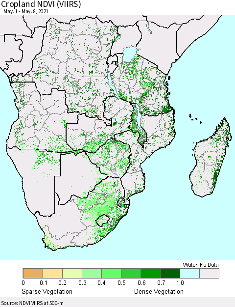 Southern Africa Cropland NDVI (VIIRS) Thematic Map For 5/1/2021 - 5/8/2021