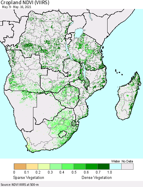 Southern Africa Cropland NDVI (VIIRS) Thematic Map For 5/9/2021 - 5/16/2021