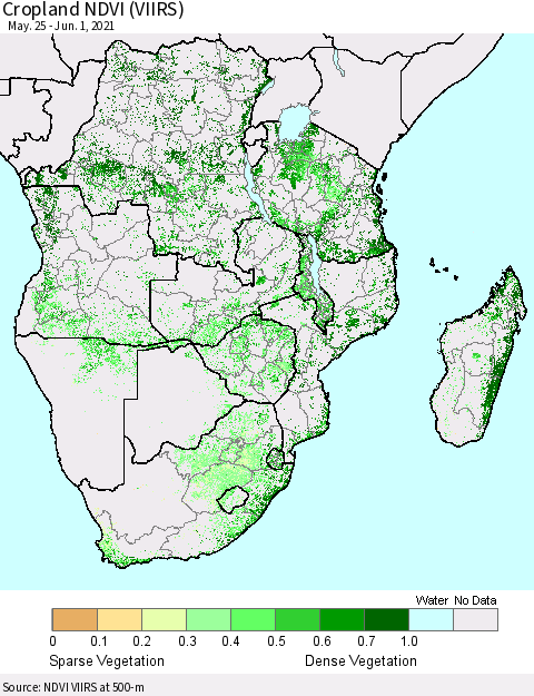 Southern Africa Cropland NDVI (VIIRS) Thematic Map For 5/25/2021 - 6/1/2021