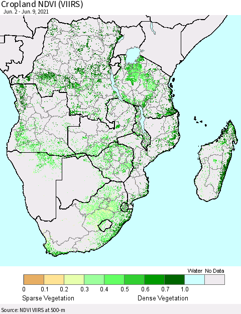 Southern Africa Cropland NDVI (VIIRS) Thematic Map For 6/2/2021 - 6/9/2021