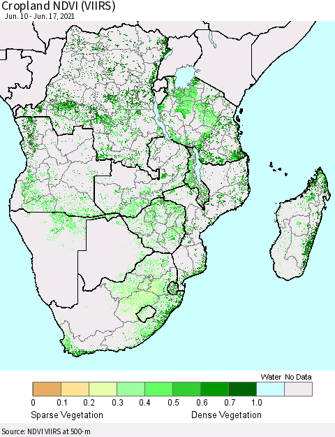 Southern Africa Cropland NDVI (VIIRS) Thematic Map For 6/10/2021 - 6/17/2021