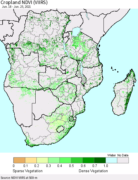 Southern Africa Cropland NDVI (VIIRS) Thematic Map For 6/18/2021 - 6/25/2021