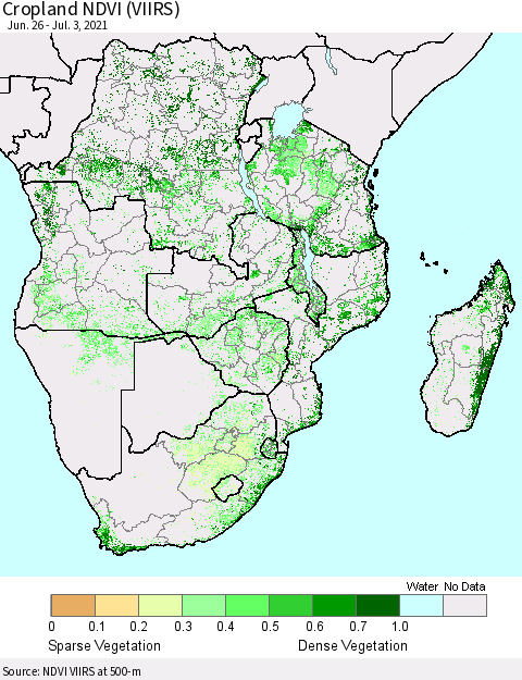 Southern Africa Cropland NDVI (VIIRS) Thematic Map For 6/26/2021 - 7/3/2021
