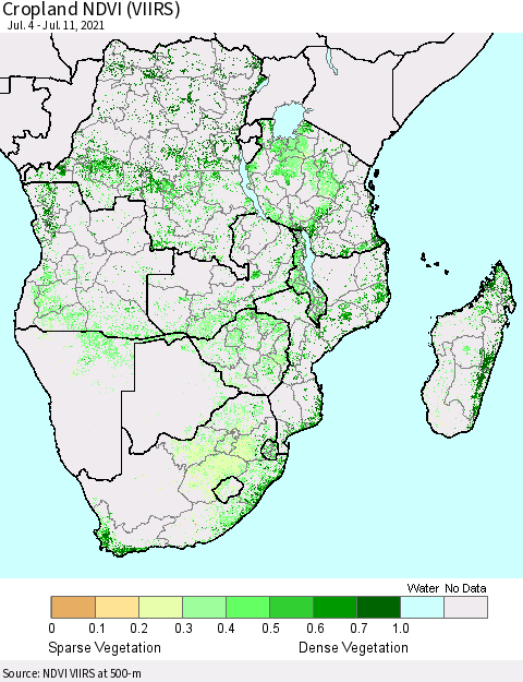 Southern Africa Cropland NDVI (VIIRS) Thematic Map For 7/4/2021 - 7/11/2021