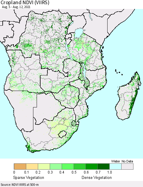 Southern Africa Cropland NDVI (VIIRS) Thematic Map For 8/5/2021 - 8/12/2021