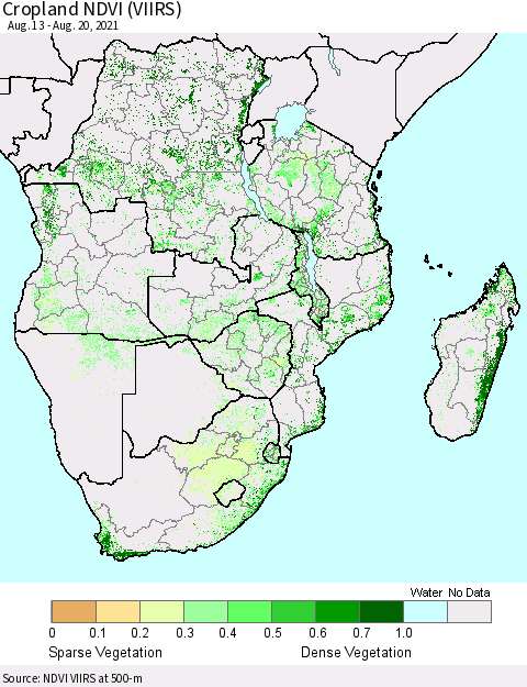 Southern Africa Cropland NDVI (VIIRS) Thematic Map For 8/13/2021 - 8/20/2021