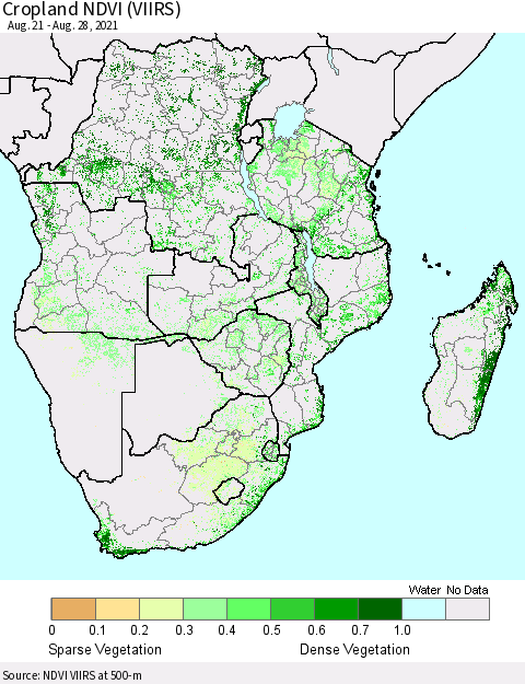 Southern Africa Cropland NDVI (VIIRS) Thematic Map For 8/21/2021 - 8/28/2021