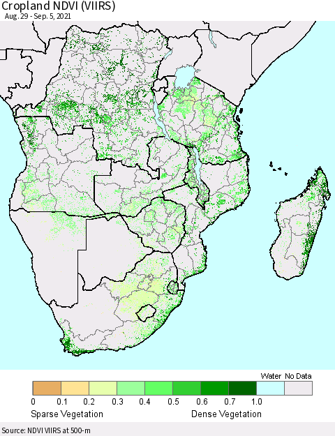 Southern Africa Cropland NDVI (VIIRS) Thematic Map For 8/29/2021 - 9/5/2021