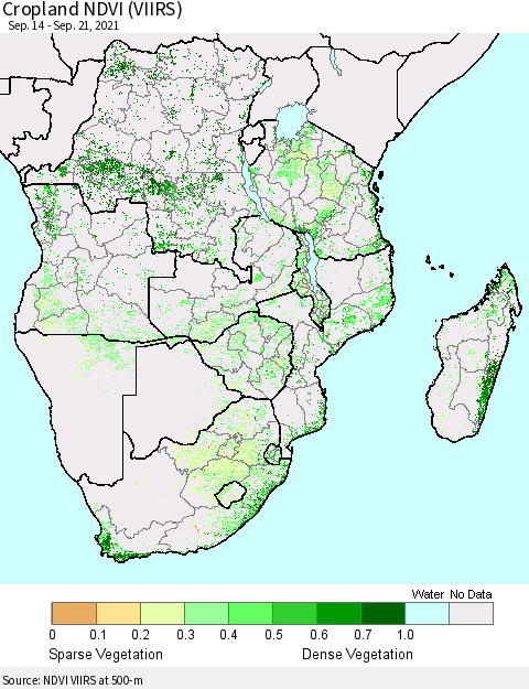 Southern Africa Cropland NDVI (VIIRS) Thematic Map For 9/14/2021 - 9/21/2021