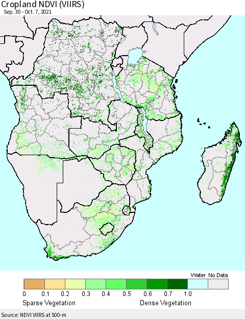 Southern Africa Cropland NDVI (VIIRS) Thematic Map For 9/30/2021 - 10/7/2021