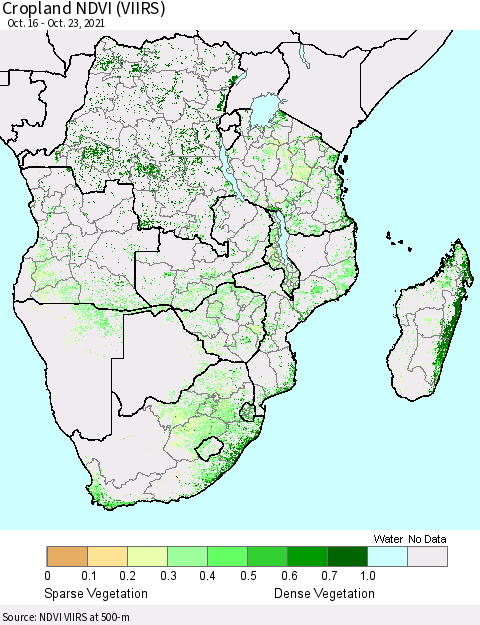 Southern Africa Cropland NDVI (VIIRS) Thematic Map For 10/16/2021 - 10/23/2021