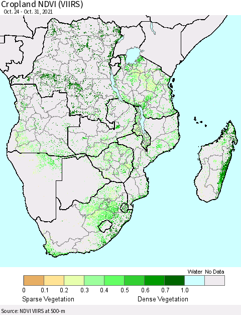 Southern Africa Cropland NDVI (VIIRS) Thematic Map For 10/24/2021 - 10/31/2021