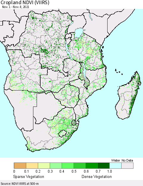 Southern Africa Cropland NDVI (VIIRS) Thematic Map For 11/1/2021 - 11/8/2021