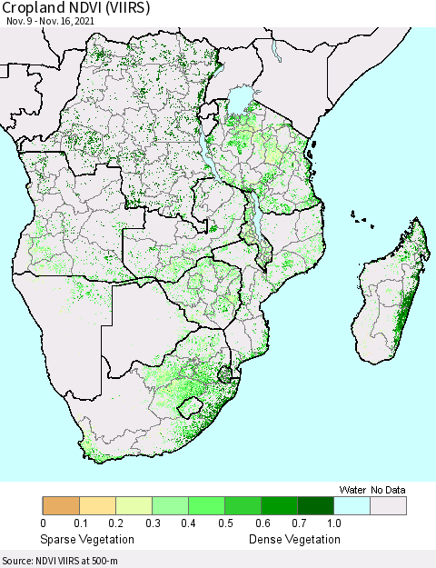 Southern Africa Cropland NDVI (VIIRS) Thematic Map For 11/9/2021 - 11/16/2021