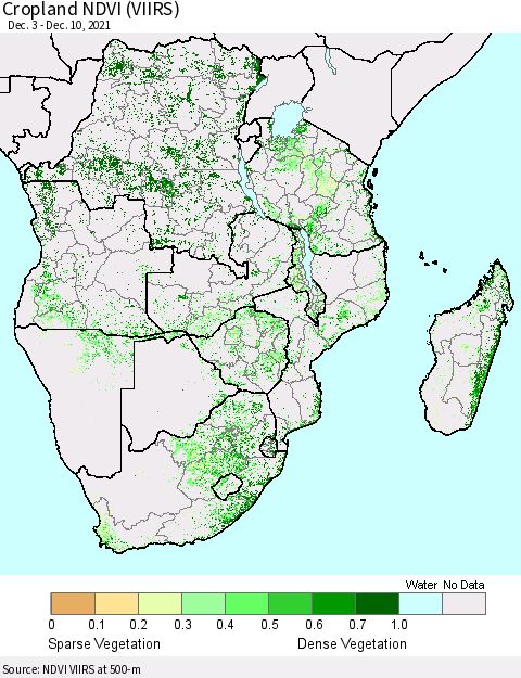 Southern Africa Cropland NDVI (VIIRS) Thematic Map For 12/3/2021 - 12/10/2021