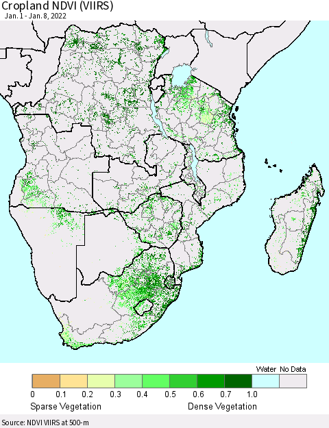 Southern Africa Cropland NDVI (VIIRS) Thematic Map For 1/1/2022 - 1/8/2022