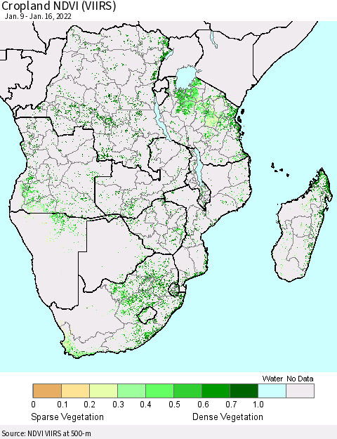 Southern Africa Cropland NDVI (VIIRS) Thematic Map For 1/9/2022 - 1/16/2022