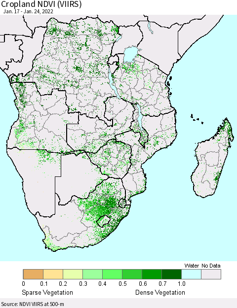 Southern Africa Cropland NDVI (VIIRS) Thematic Map For 1/17/2022 - 1/24/2022