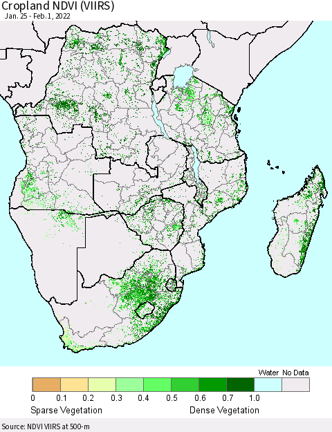 Southern Africa Cropland NDVI (VIIRS) Thematic Map For 1/25/2022 - 2/1/2022