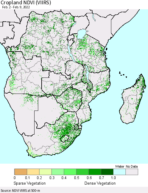 Southern Africa Cropland NDVI (VIIRS) Thematic Map For 2/2/2022 - 2/9/2022