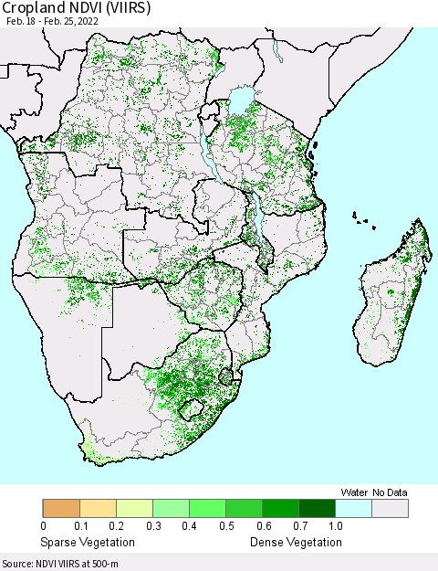 Southern Africa Cropland NDVI (VIIRS) Thematic Map For 2/18/2022 - 2/25/2022