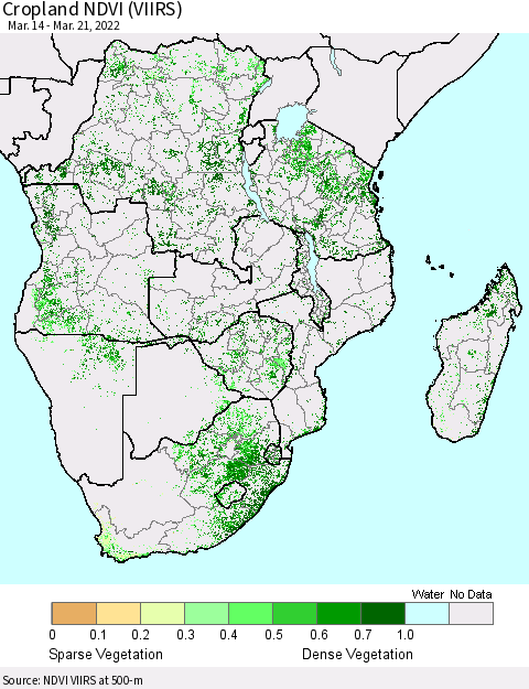 Southern Africa Cropland NDVI (VIIRS) Thematic Map For 3/14/2022 - 3/21/2022