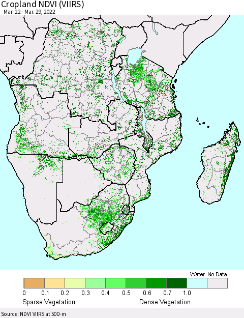 Southern Africa Cropland NDVI (VIIRS) Thematic Map For 3/22/2022 - 3/29/2022