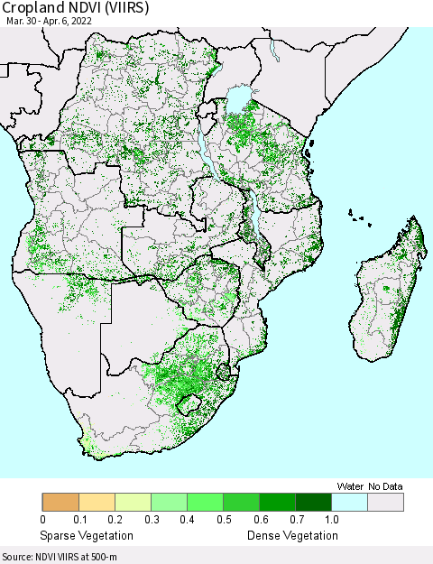 Southern Africa Cropland NDVI (VIIRS) Thematic Map For 3/30/2022 - 4/6/2022