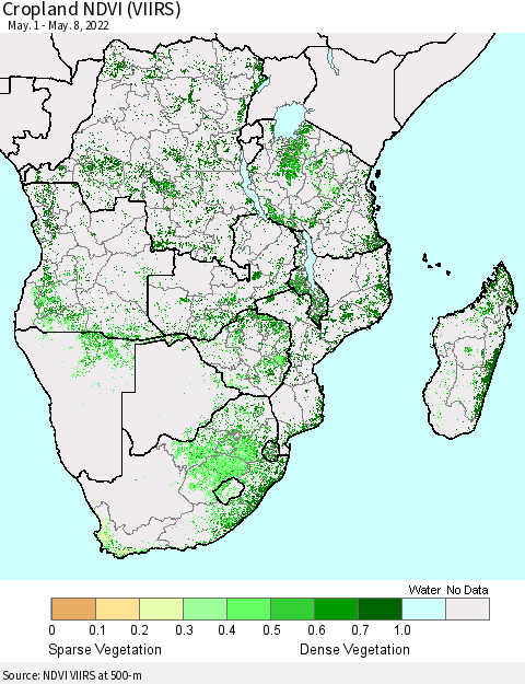 Southern Africa Cropland NDVI (VIIRS) Thematic Map For 5/1/2022 - 5/8/2022